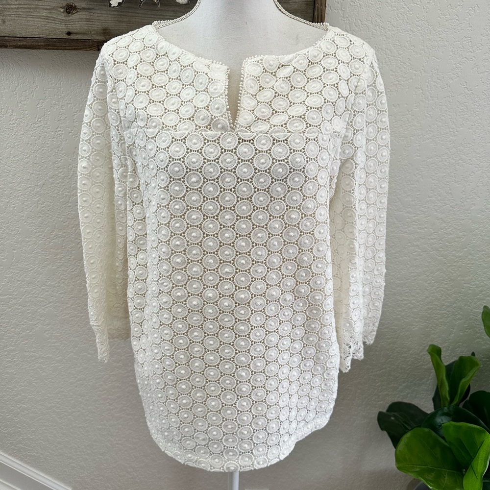 Tory Burch‎ ivory crochet front 3/4 sleeve cotton linen top ladies L